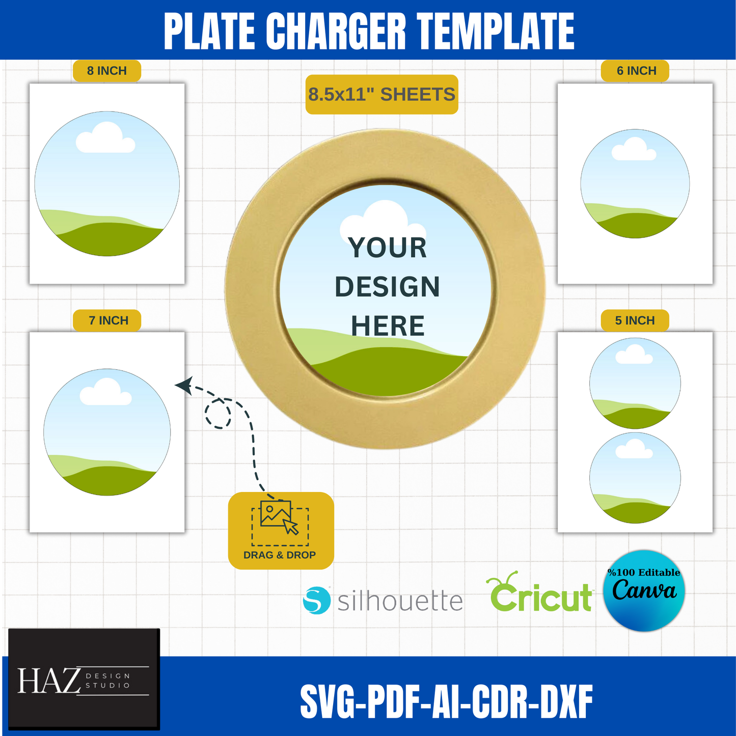 Plate Charger Template Bundle | svg, PDF, ai, CDR, DXF for Cricut & Silhouette | 5-8 Inch Sizes 376