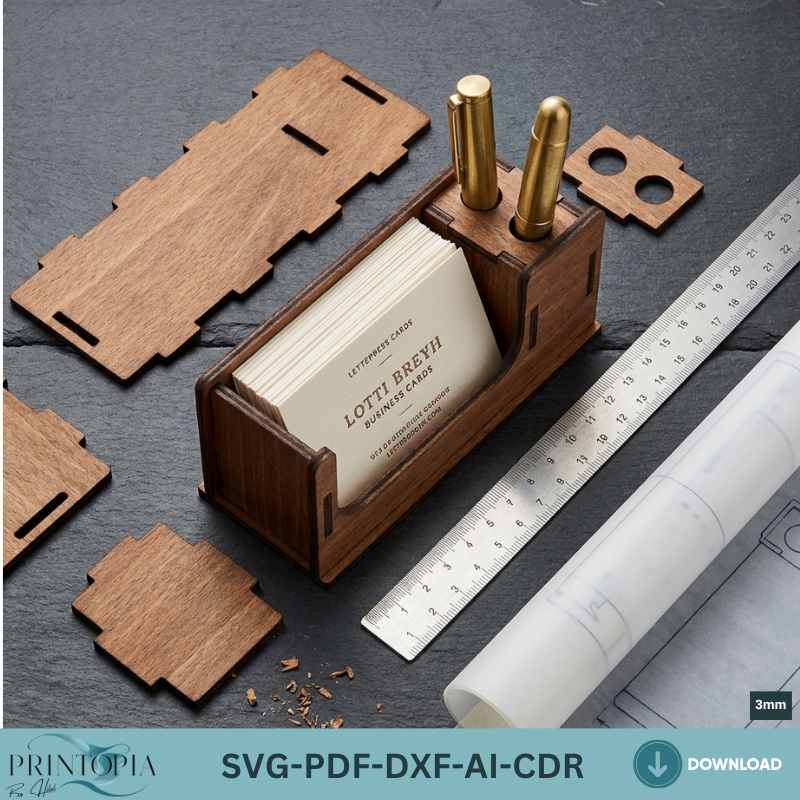 Wooden Business Card Holder and Pen Stand Laser Cut Template Plywood Desk Organizer