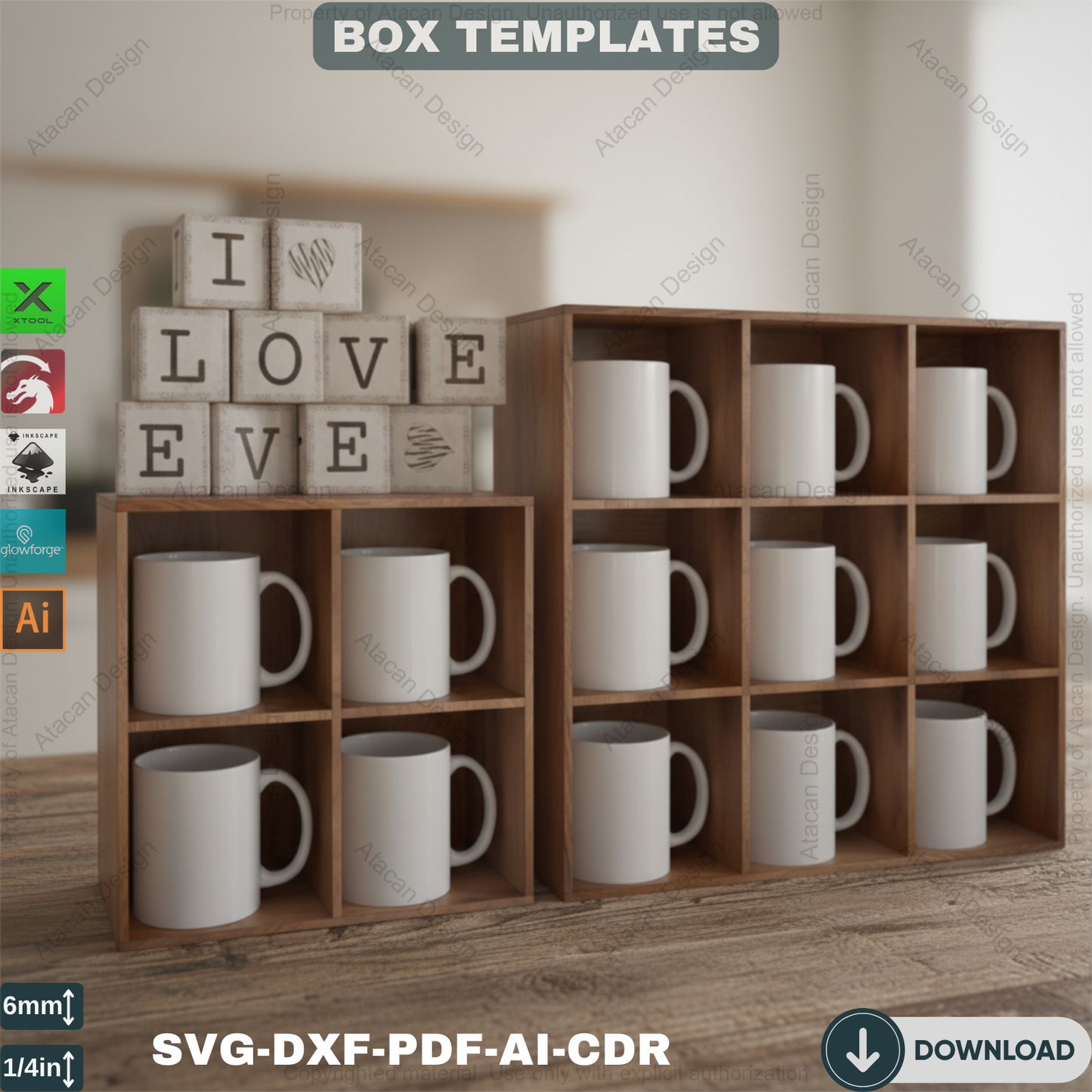 Two Sizes Mug Display Box - Cup Storage Organizer, DIY Kitchen Decor - Wooden Box Laser Project 567