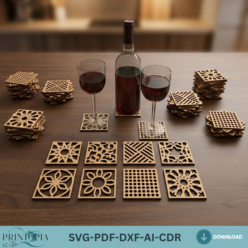 Geometric Flower Wooden Coaster Modern Kitchen Decor DIY Drink Coaster Templates