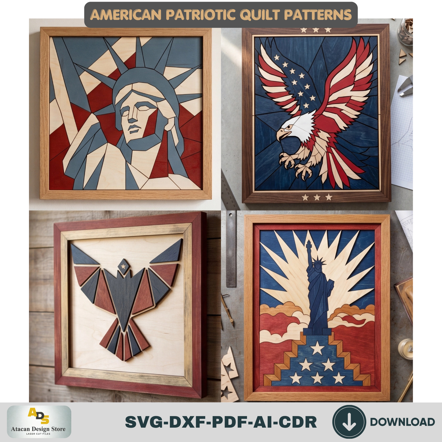 American Patriotic WallArt, Bald Eagle Decor, Statue of Liberty Geometric Quilt Pattern, Veteran Independence
