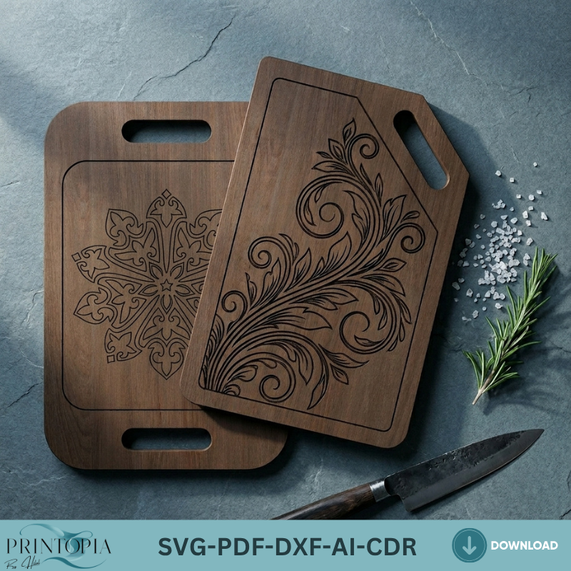 Mandala Cutting Board Laser Cut File Engraved Charcuterie Board Design Plywood Serving Tray Template