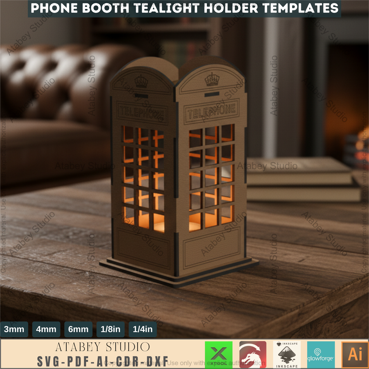 British London Phone Booth Tea Light holder - English Telephone Lantern Candle Holder - Wooden Vector Cut Files Svg Dxf Cdr Ai 569
