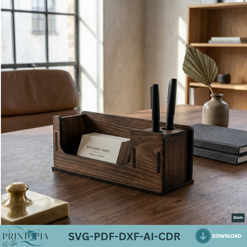 Wooden Business Card Holder and Pen Stand Laser Cut Template Plywood Desk Organizer