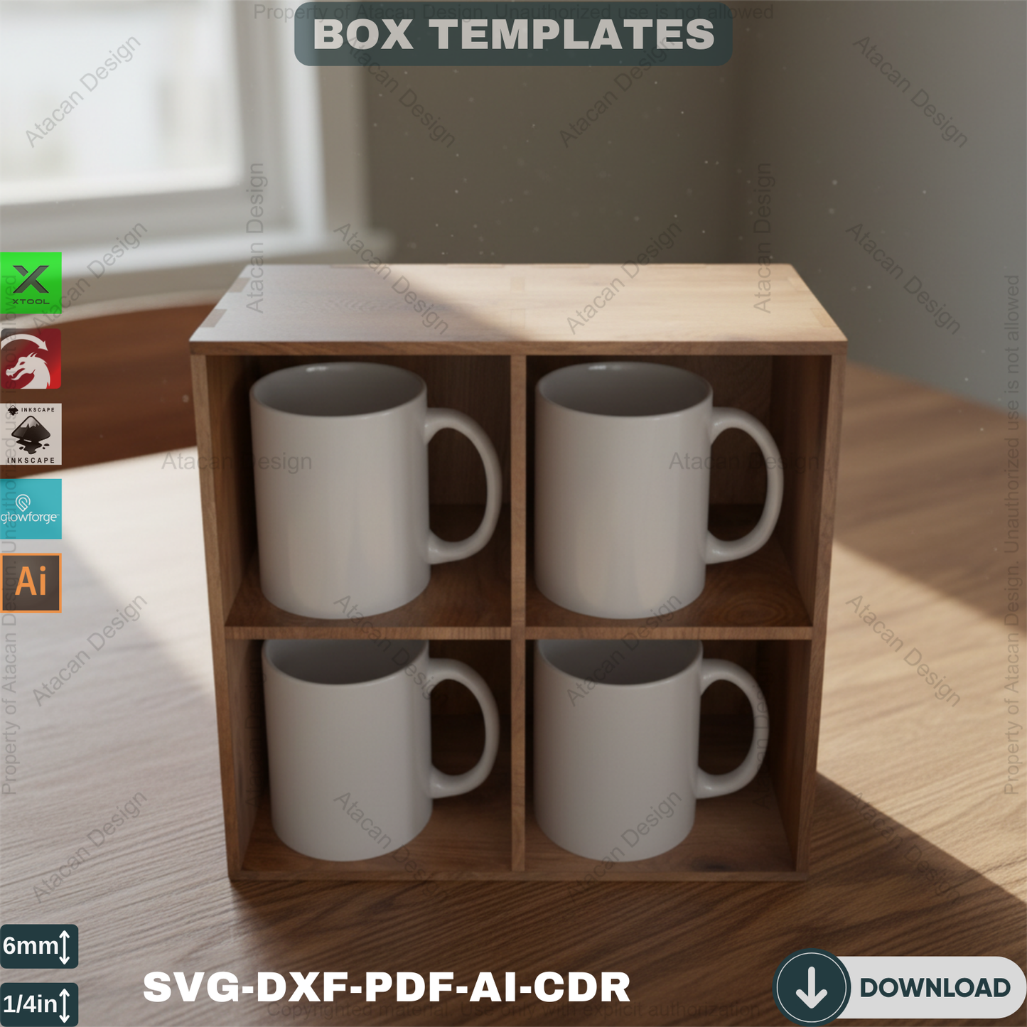 Two Sizes Mug Display Box - Cup Storage Organizer, DIY Kitchen Decor - Wooden Box Laser Project 567