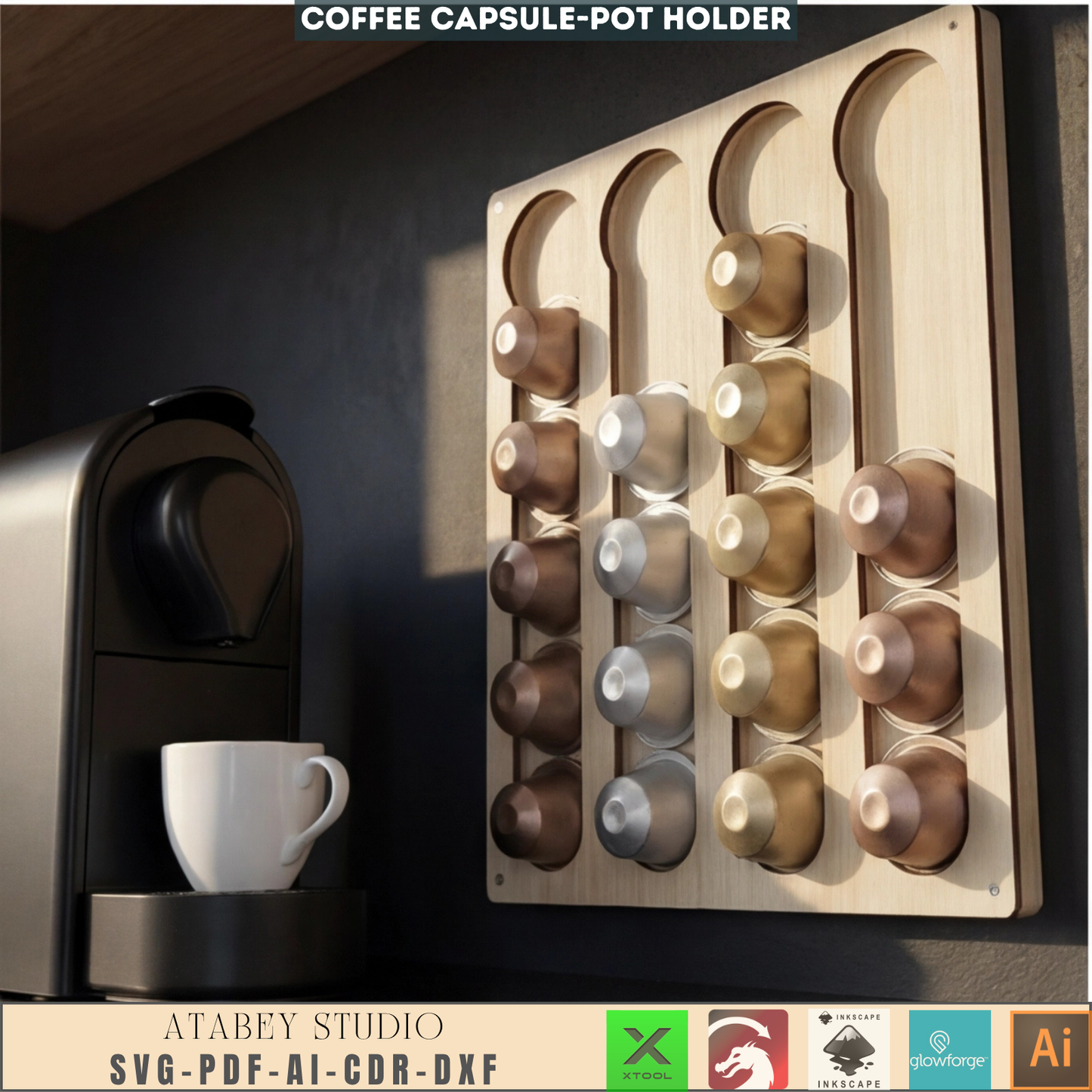 Modern Coffee Pod Holder | Wooden Wall Mount Organizer for Coffee Capsules
