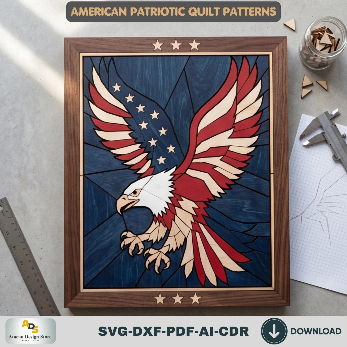 American Patriotic WallArt, Bald Eagle Decor, Statue of Liberty Geometric Quilt Pattern, Veteran Independence