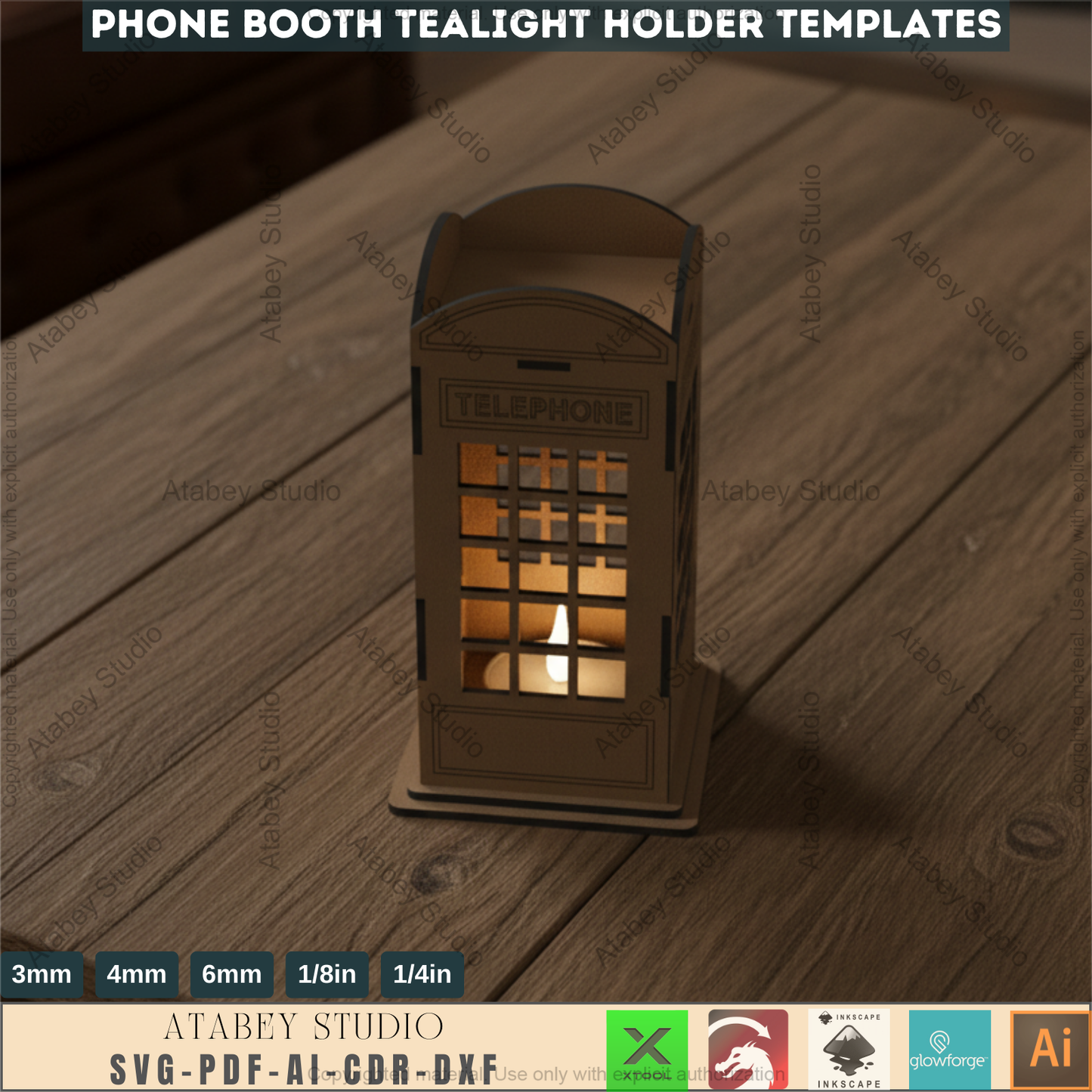 British London Phone Booth Tea Light holder - English Telephone Lantern Candle Holder - Wooden Vector Cut Files Svg Dxf Cdr Ai 569