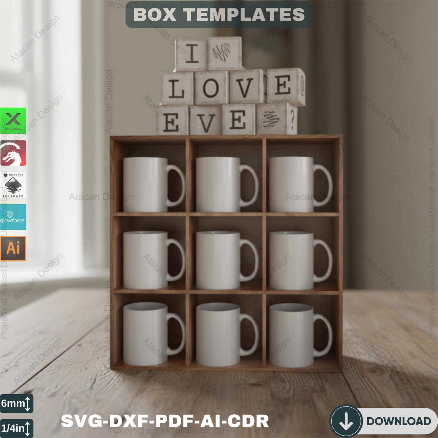 Two Sizes Mug Display Box - Cup Storage Organizer, DIY Kitchen Decor - Wooden Box Laser Project 567