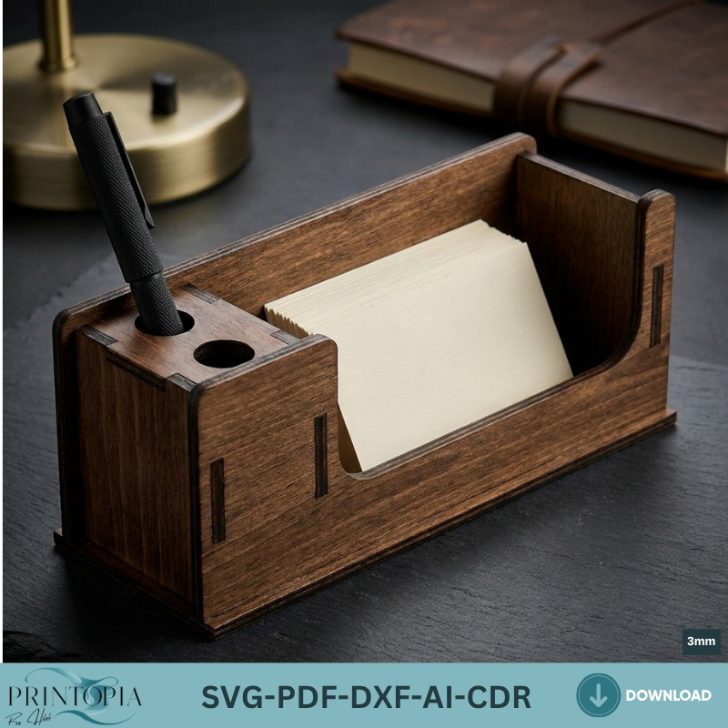 Wooden Business Card Holder and Pen Stand Laser Cut Template Plywood Desk Organizer