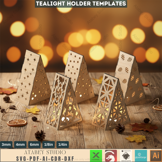 Tea Light holders - Wood Lantern Candle Holder - Multi Pattern Stylish Pyramid Lantern for Cozy Home Decor Svg Dxf Cdr Ai 570