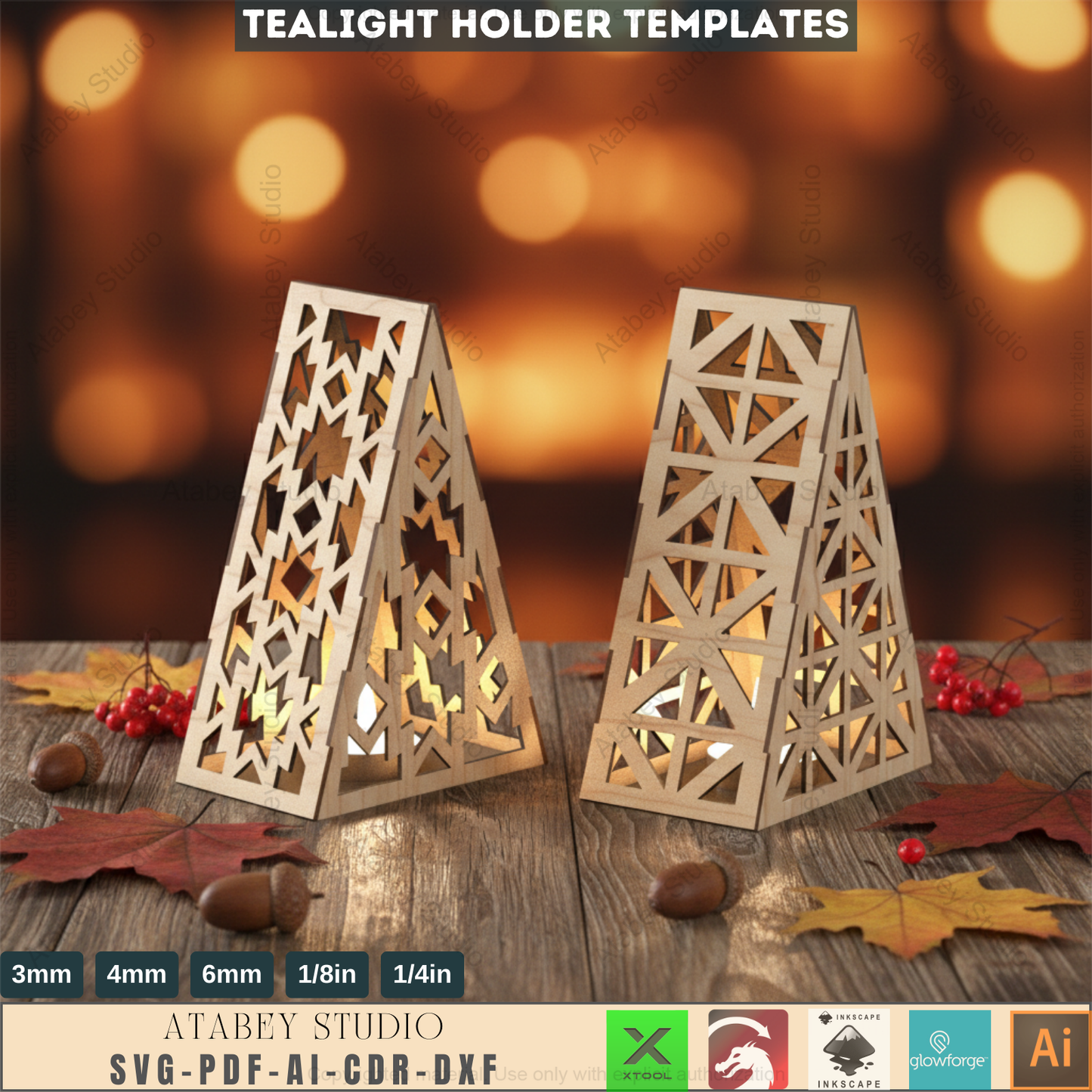 Tea Light holders - Wood Lantern Candle Holder - Multi Pattern Stylish Pyramid Lantern for Cozy Home Decor Svg Dxf Cdr Ai 570