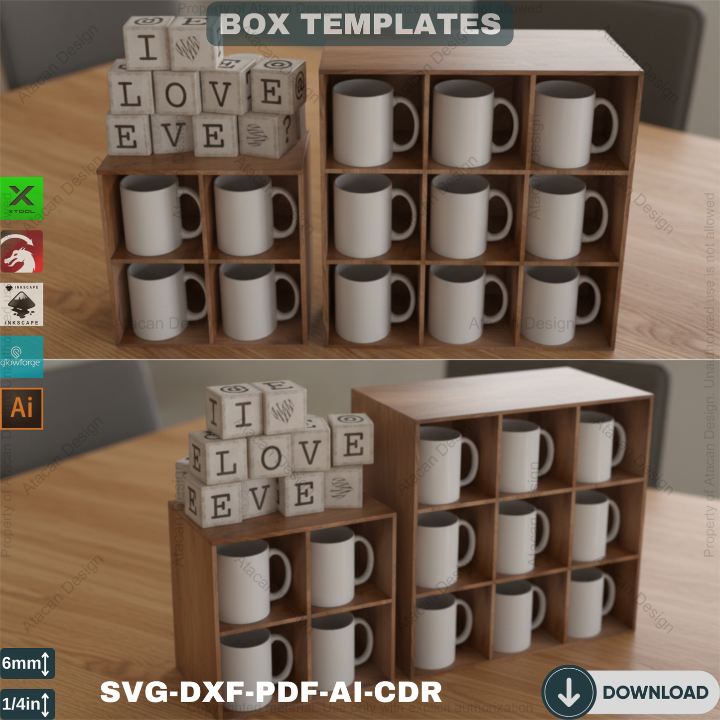 Two Sizes Mug Display Box - Cup Storage Organizer, DIY Kitchen Decor - Wooden Box Laser Project 567