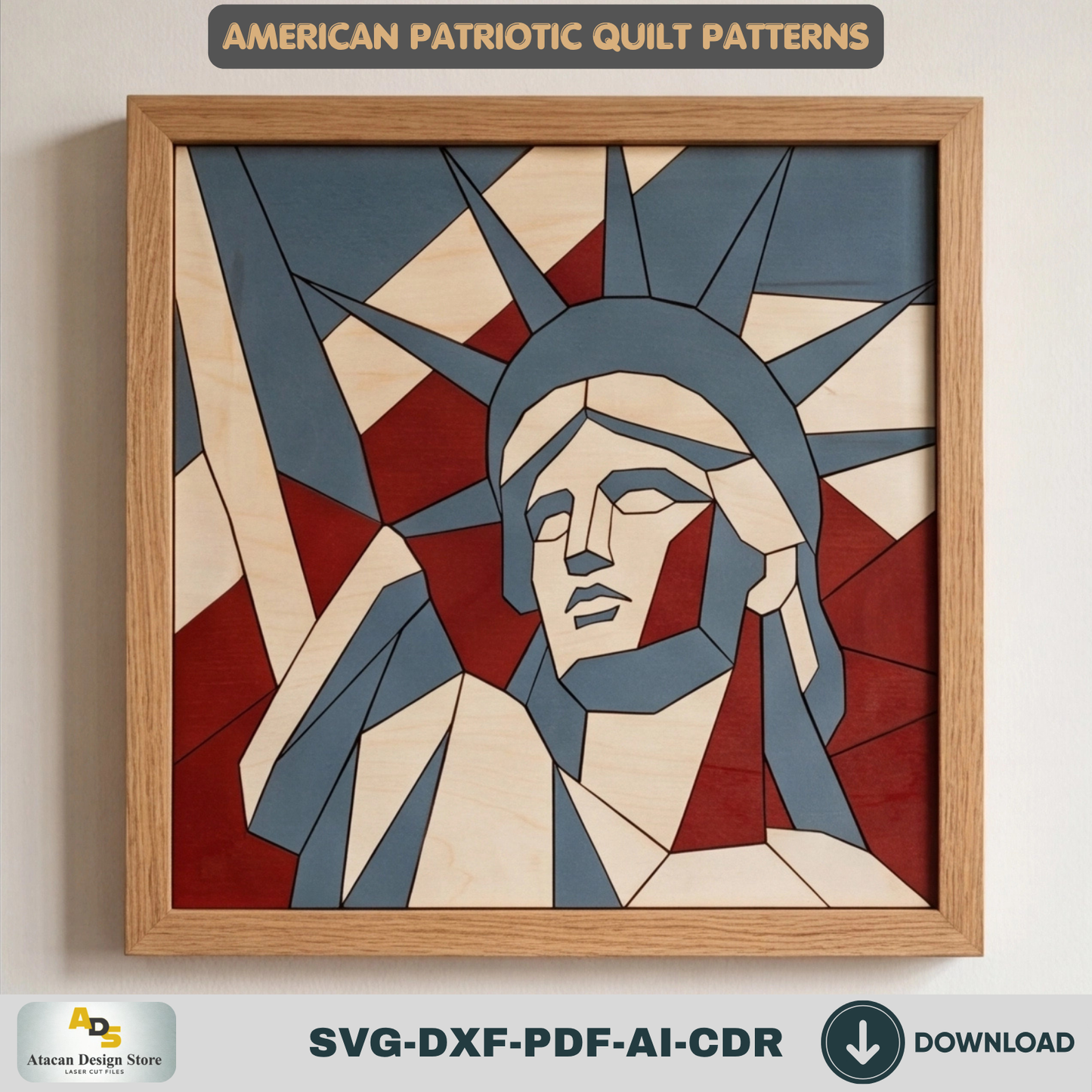 American Patriotic WallArt, Bald Eagle Decor, Statue of Liberty Geometric Quilt Pattern, Veteran Independence