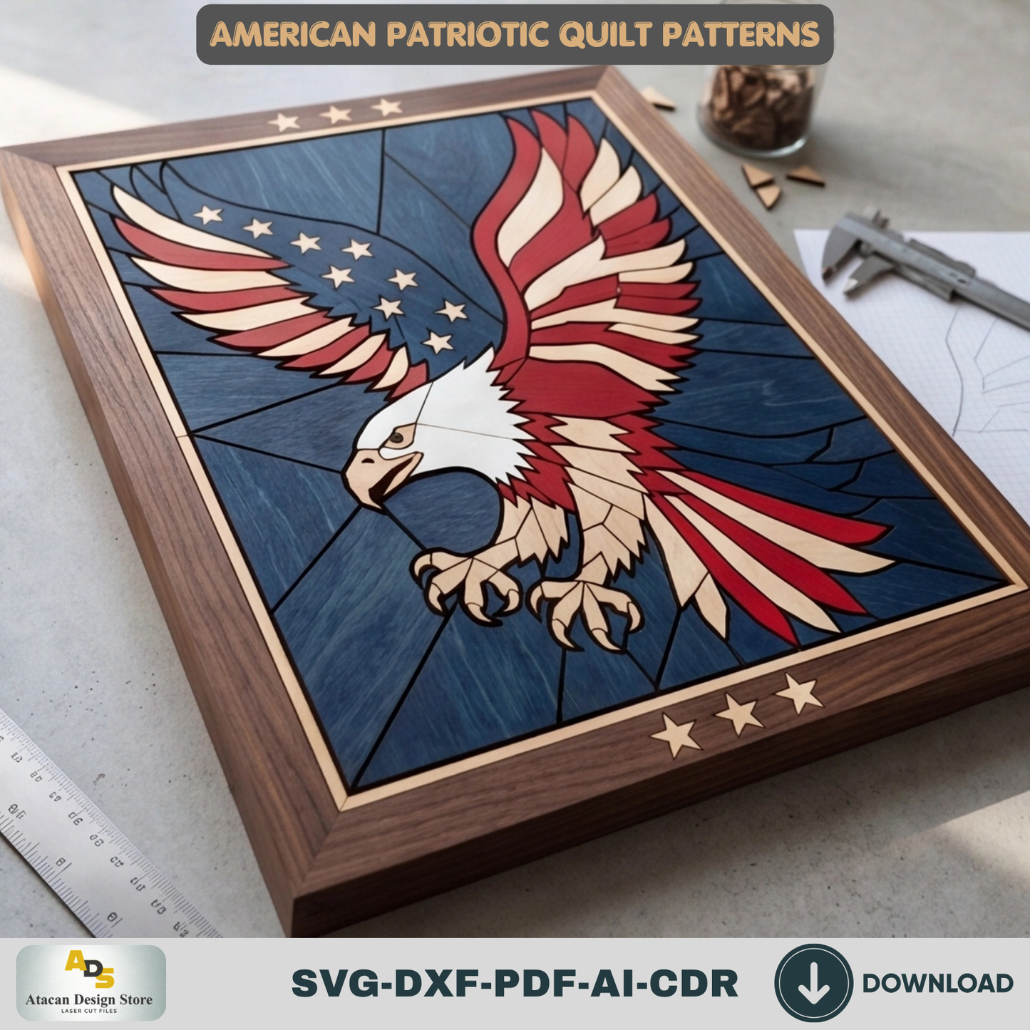 American Patriotic WallArt, Bald Eagle Decor, Statue of Liberty Geometric Quilt Pattern, Veteran Independence