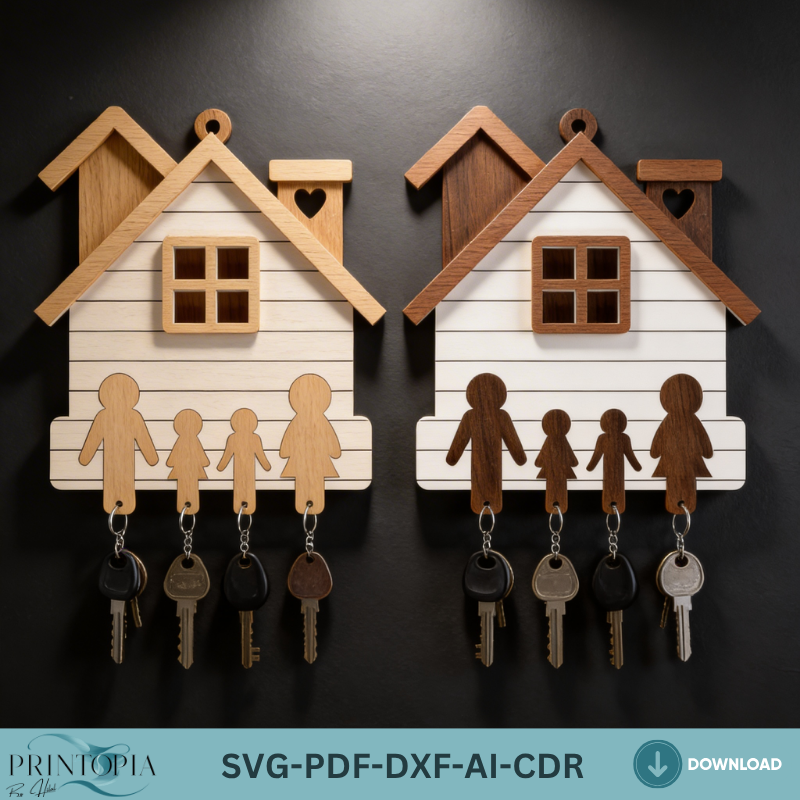 Personalized Family Key Holder / House Shape Wall Keyring Organiser / Wooden Laser Cut Files ADS364
