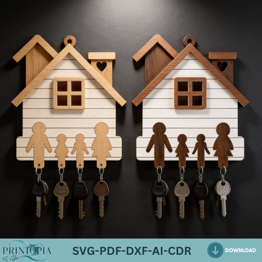 Personalized Family Key Holder / House Shape Wall Keyring Organiser / Wooden Laser Cut Files ADS364
