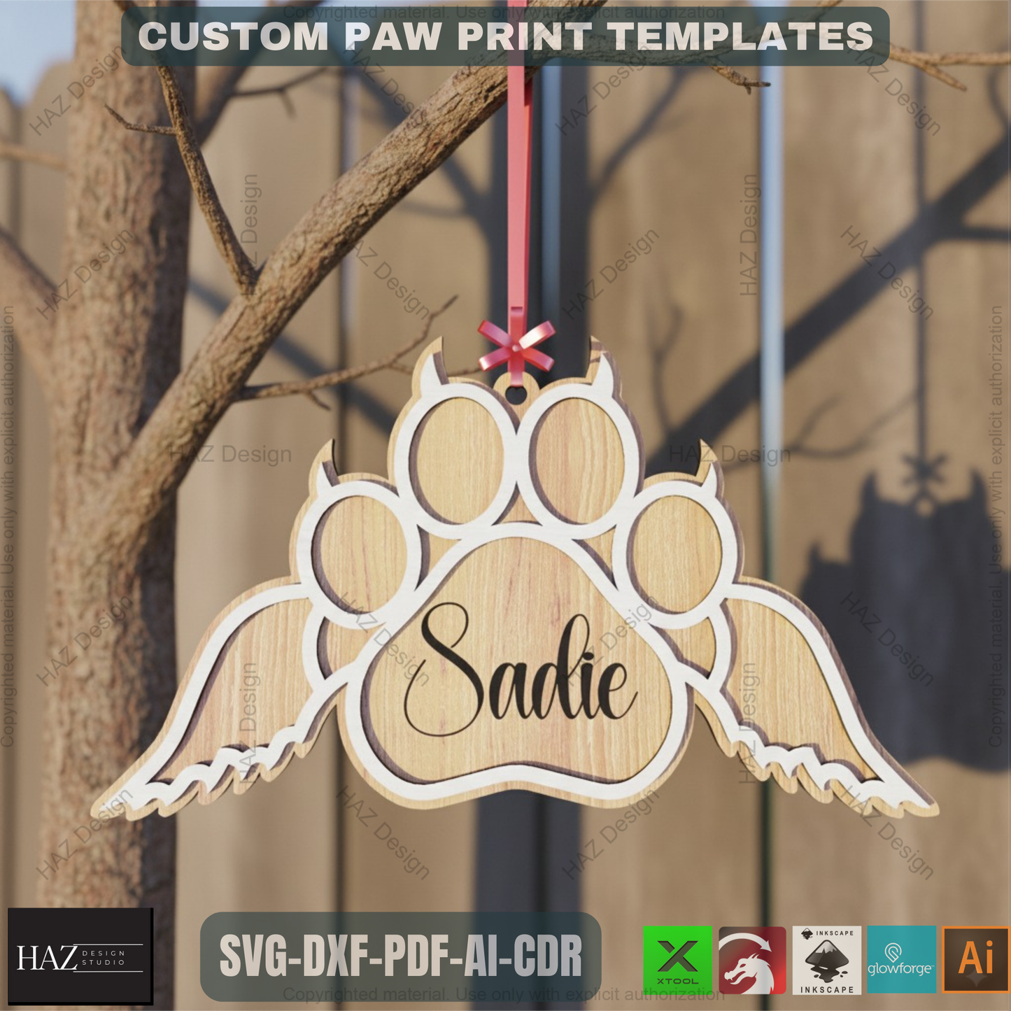 Personalized Dog Paw Ornament - Custom Wooden Pet Christmas Keepsake for Laser Cutting 807