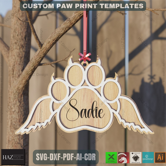 Personalized Dog Paw Ornament - Custom Wooden Pet Christmas Keepsake for Laser Cutting 807