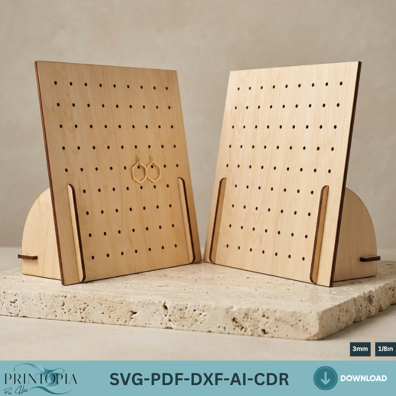 Wooden Earring Display Stand Laser Cut Template Plywood Jewelry Organizer Pegboard Earring Holder