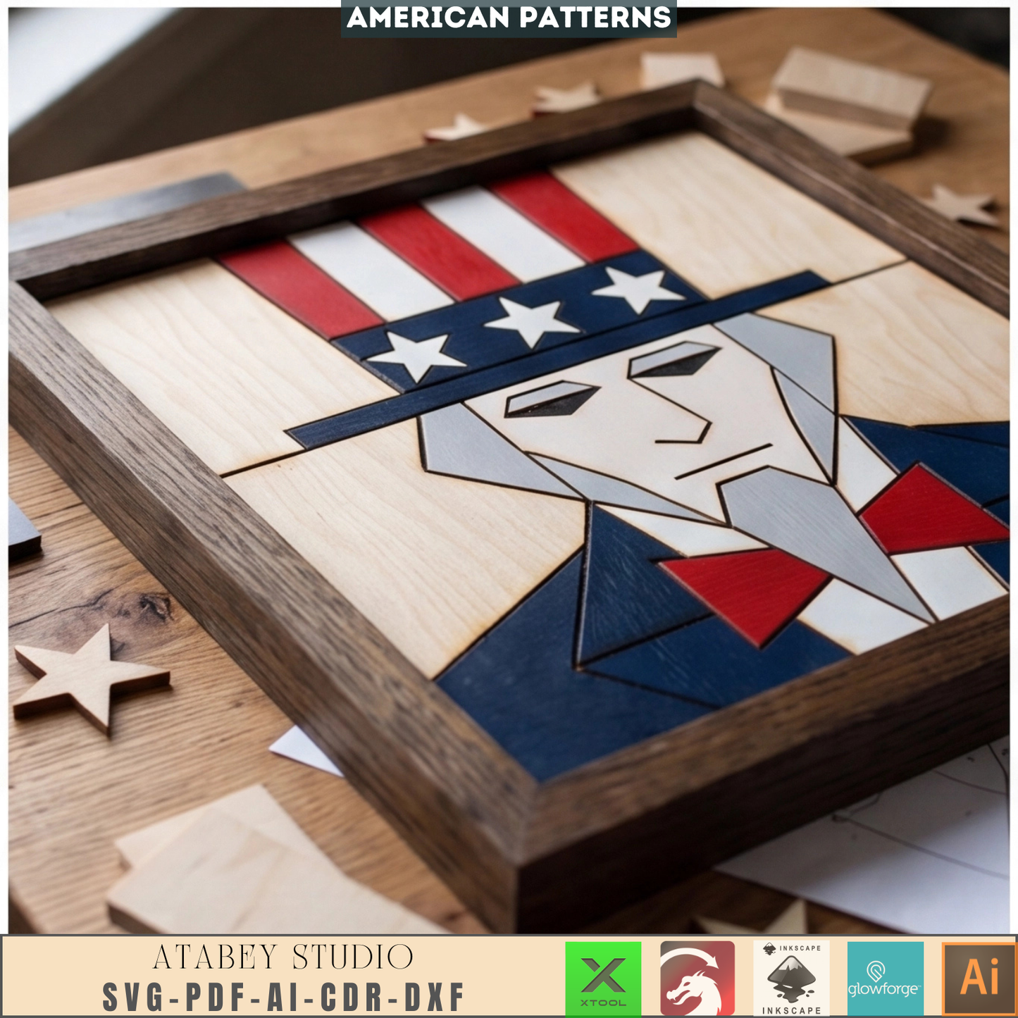 Uncle Sam 4th of July Wood Sign Patriotic Intarsia Pattern Independence Day Decor
