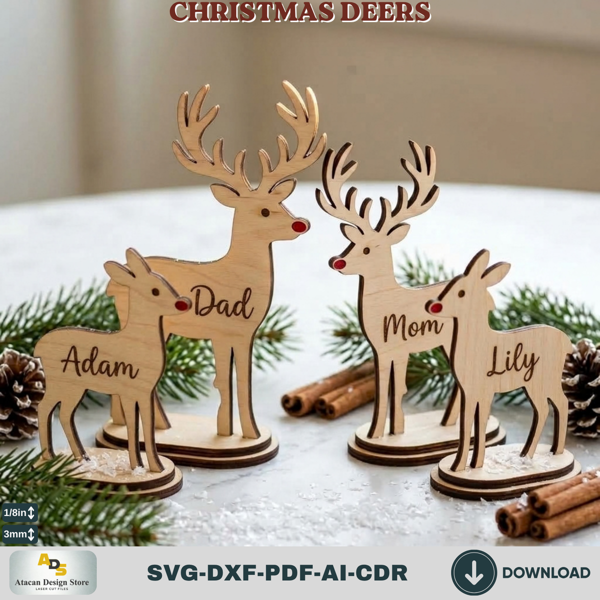 Wooden Deer Laser Cut Bundle – 3 Freestanding Reindeer Designs 983