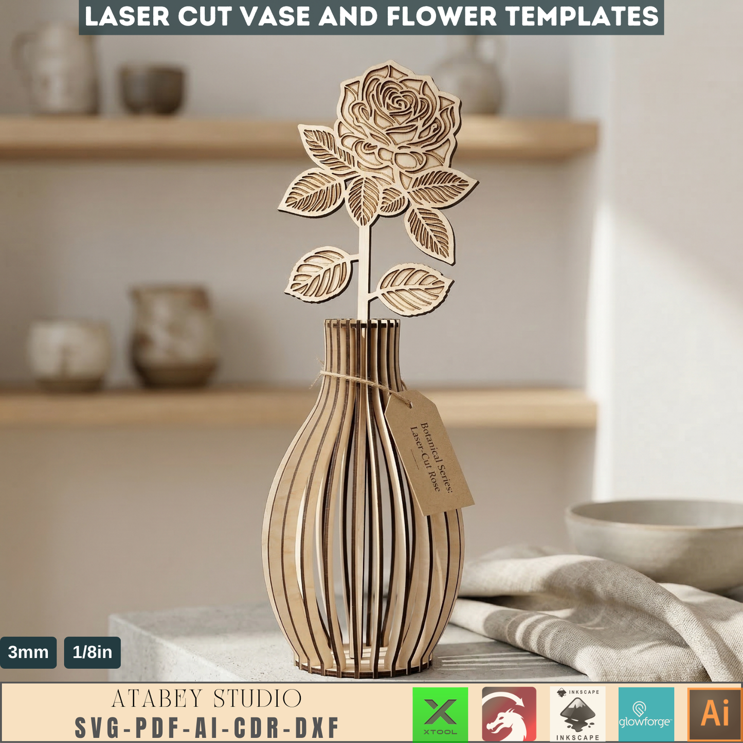 Vases and Wildflower Templates, Layered Floral Table Decor Cutting Files, Wood Flower Bouquet 998