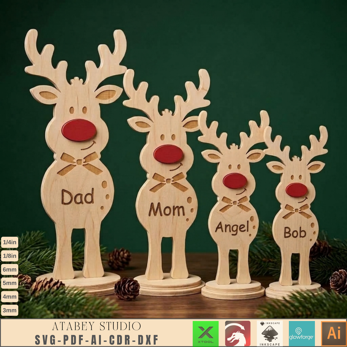 Wooden Reindeer Family Laser Cut Files - Holiday Name Decor for Christmas 1028