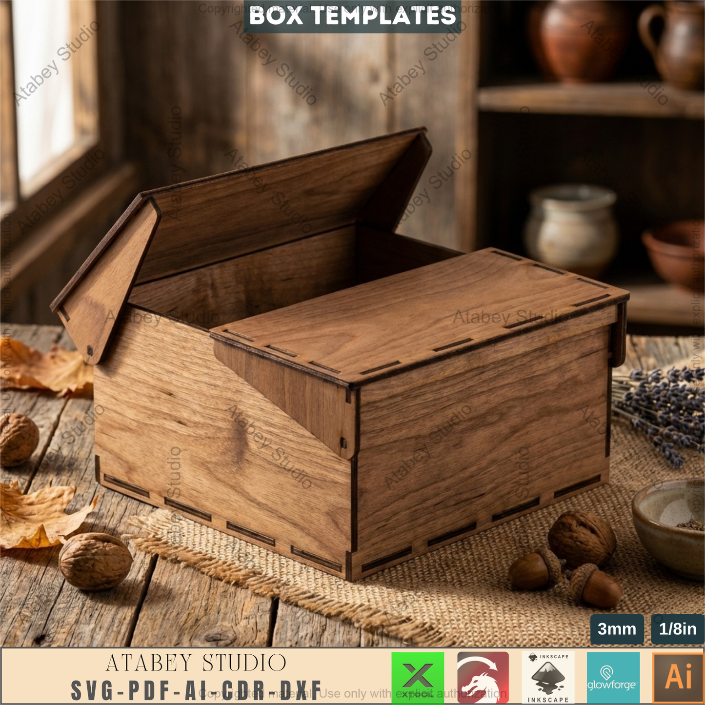 Wooden Storage Box Laser Cut Templates, Hinged Lid Keepsake Pattern 994