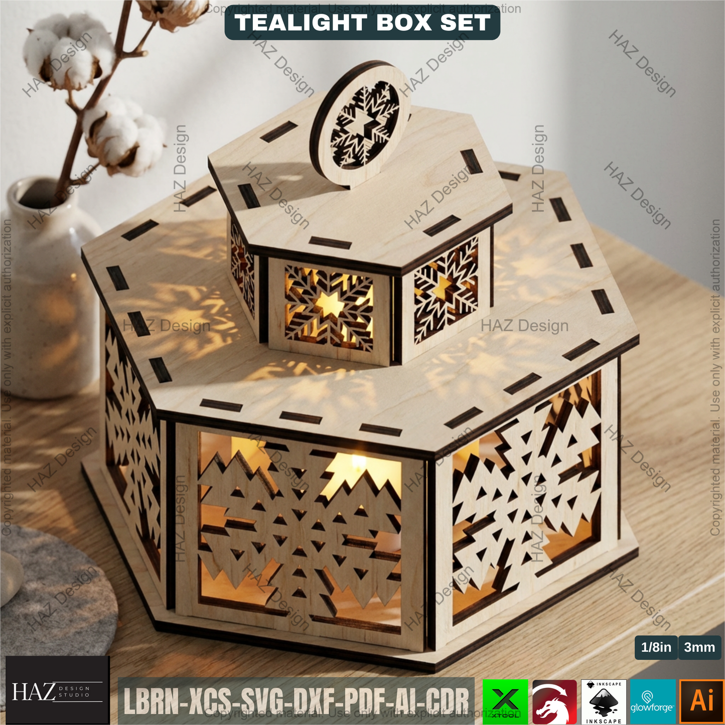 Festive Tealight Lanterns  – Christmas Candle Holder with Lid - Laser Cut Tabletop Decor - Tealight Box Lights 504