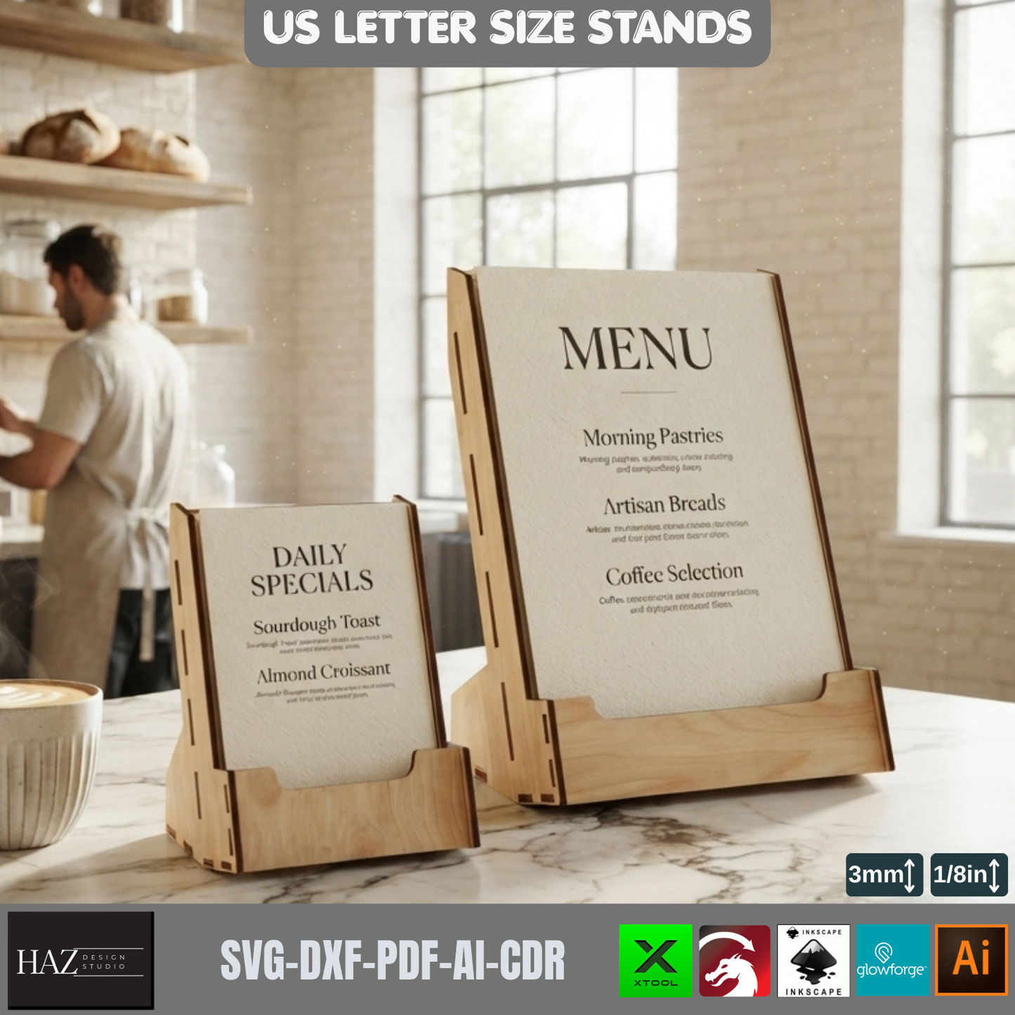 Laser Cut Menu Stand SVG Plywood Brochure Holder Template US Letter Size