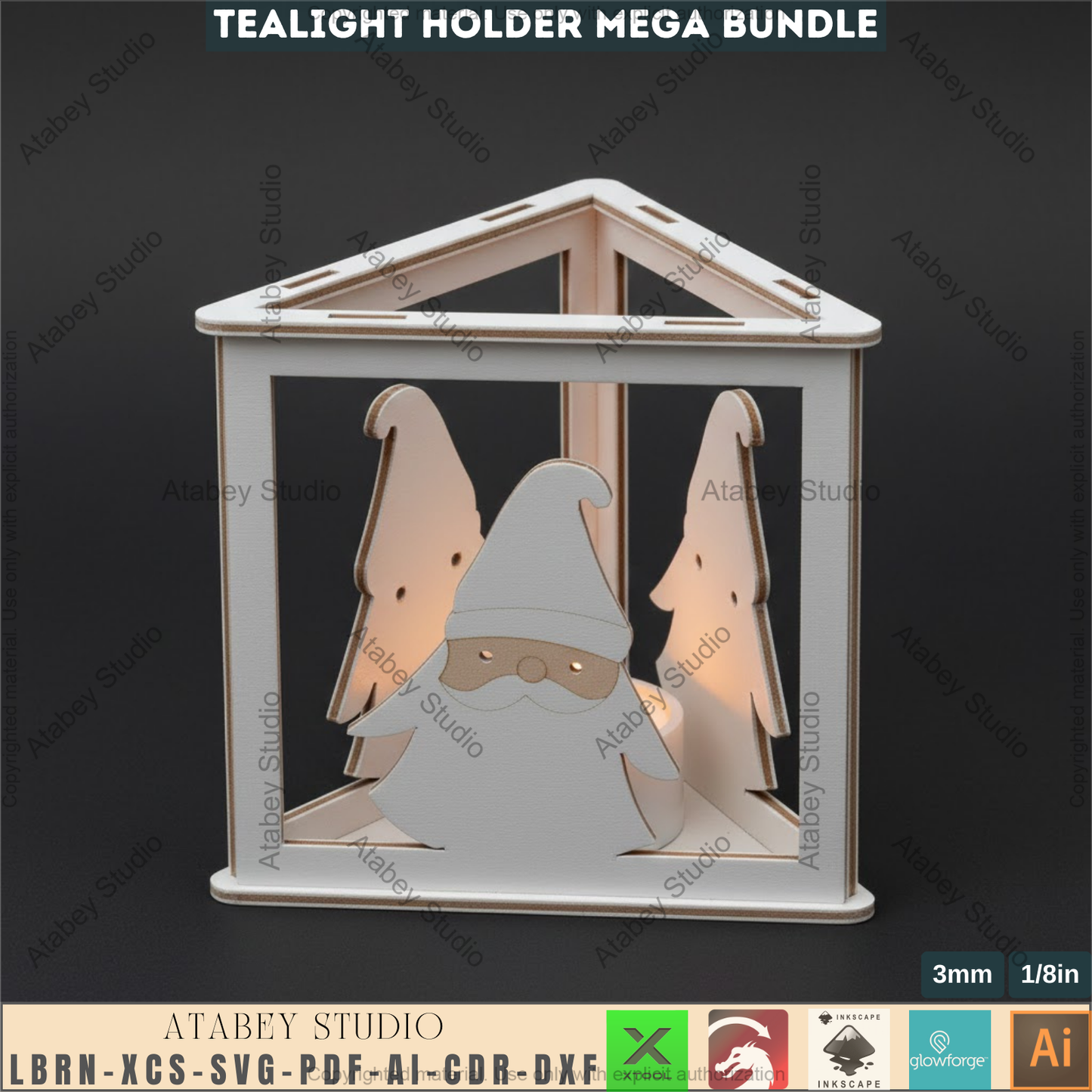 Christmas Tealight Holder Bundle Laser Cut Files, Cute Santa Reindeer Gnome Lanterns, Triangle Candle Box 982