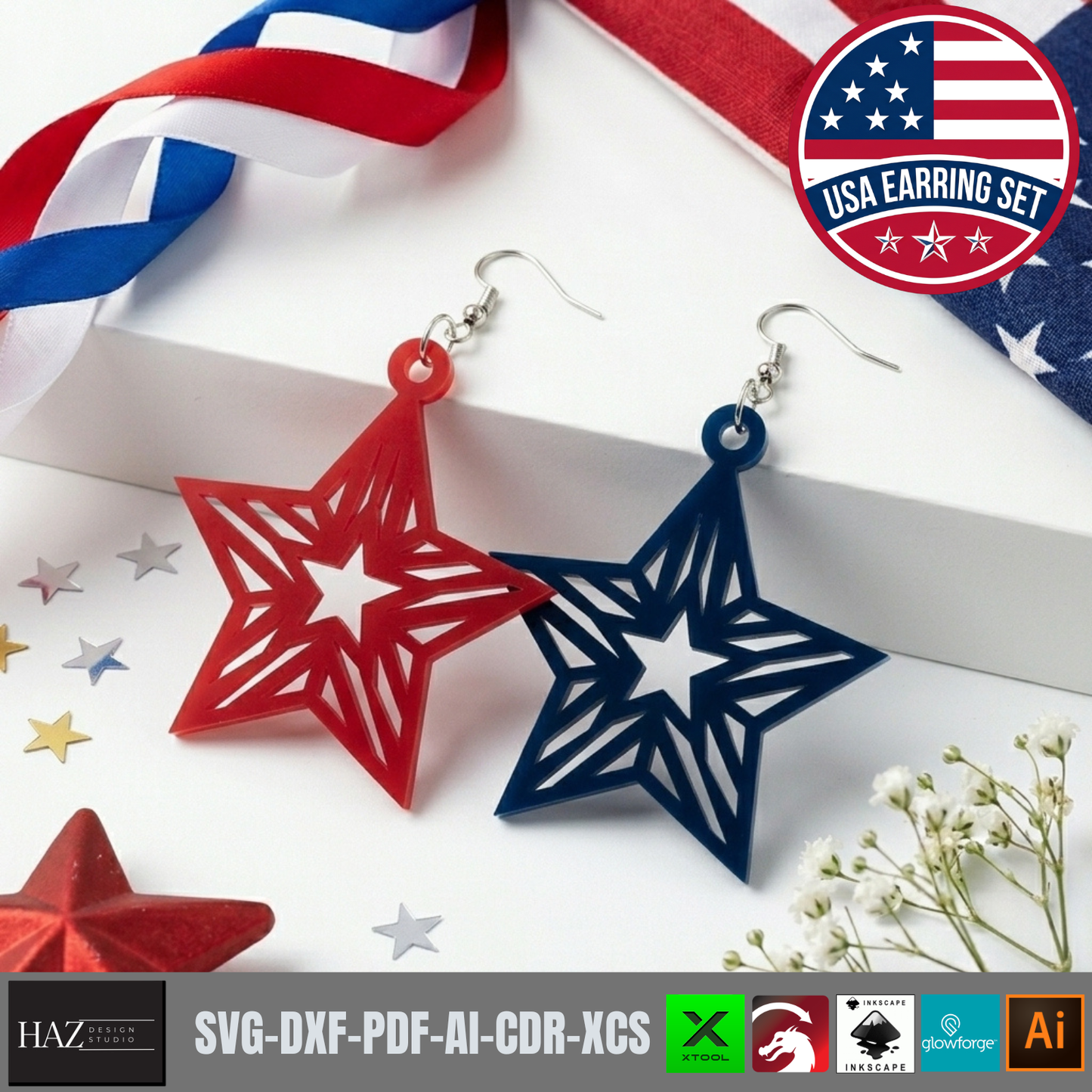 Patriotic Earring SVG Bundle, 4th of July Laser Cut Templates, USA Flag Acrylic Jewelry