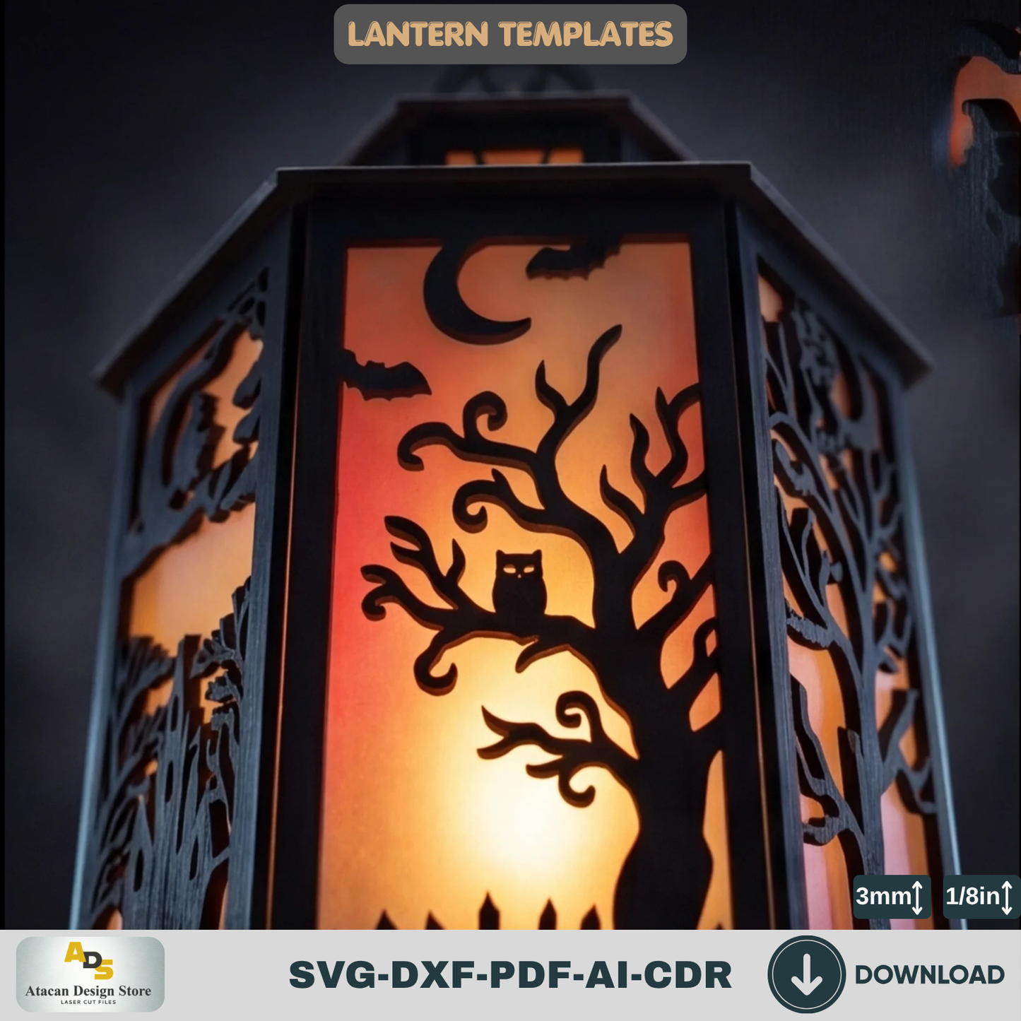 Halloween Lantern LaserCut Template Spooky Haunted House Tea Light Holder Wooden Witch Candle Box