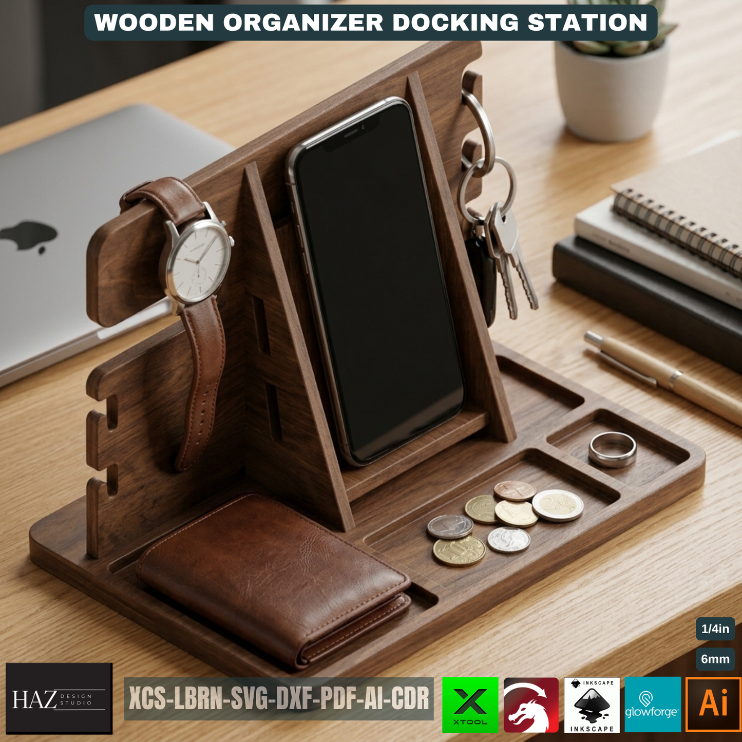 Wooden Docking Station Desk Organizer Phone Stand Men's Gift Bedside Organizer Wood Catchall Tray 530