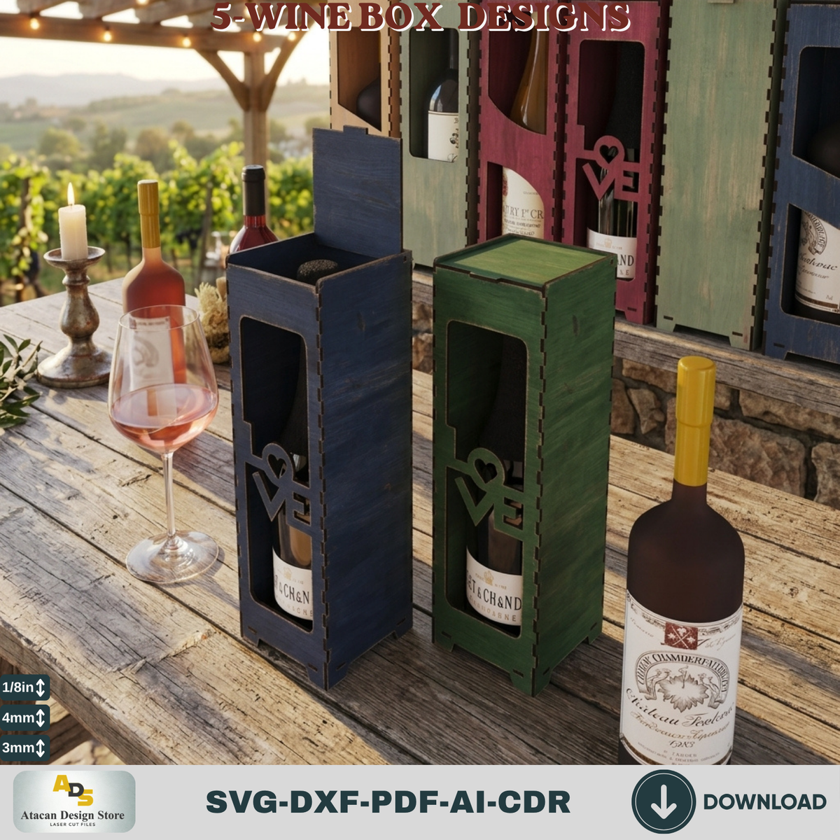Laser Cut Wooden gift Box - Five Themed Wine Box Designs for Crafting Projects Elegant Wooden Wine Box 805