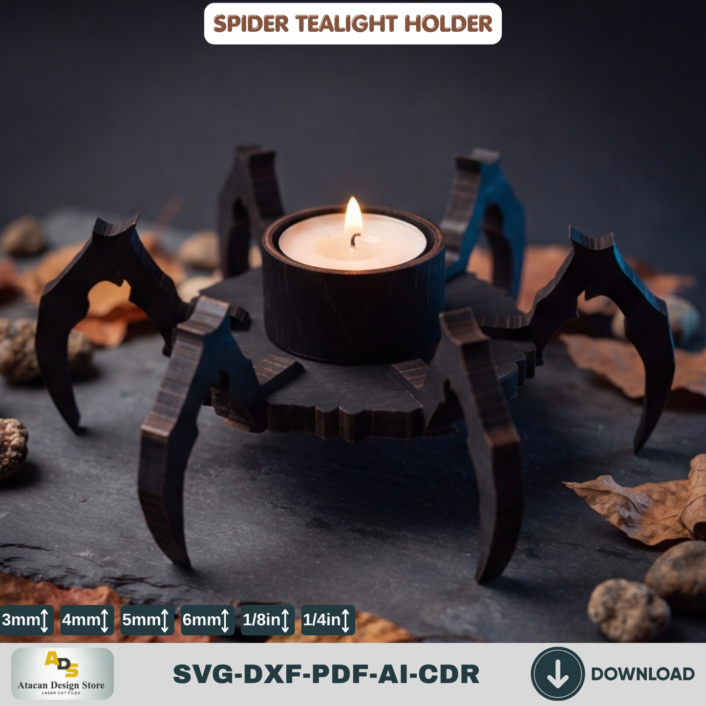 Spider Tealight Holder Halloween Candle Laser Cut Wood Template SVG File