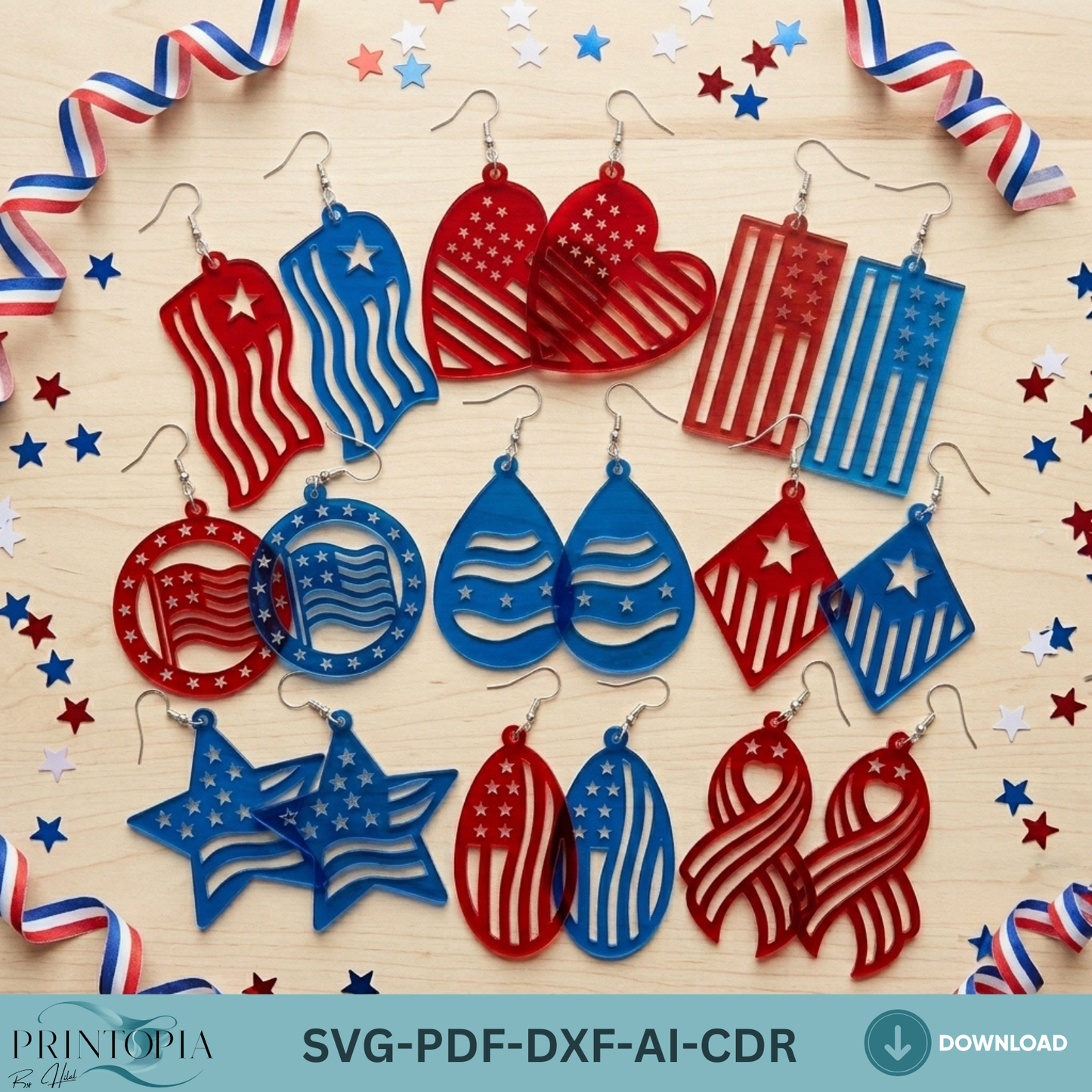 Patriotic Earring SVG Bundle, 4th of July Laser Cut File, USA Flag Acrylic Earrings DXF