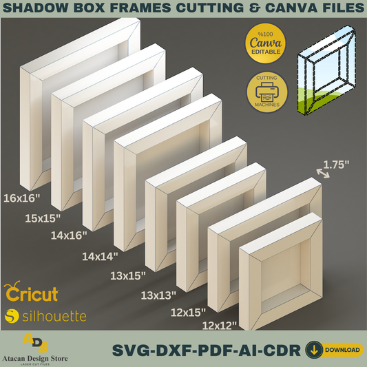 Shadow Box Frame Cutting Template Set | 8 Sizes svg, DXF, PDF, ai, CDR Files | Cricut & Silhouette Compatible | Canva Editable Design 766