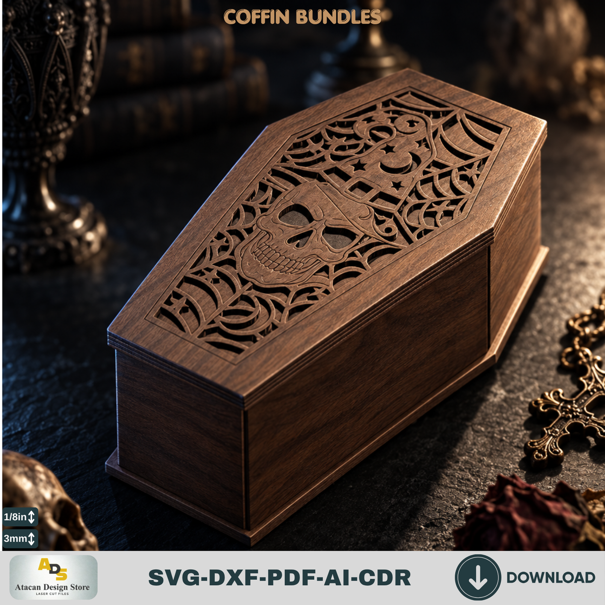 Gothic Coffin Box Laser Cut Bundle, Halloween Wooden Keepsake Casket Template, Spooky Trick or Treat 979