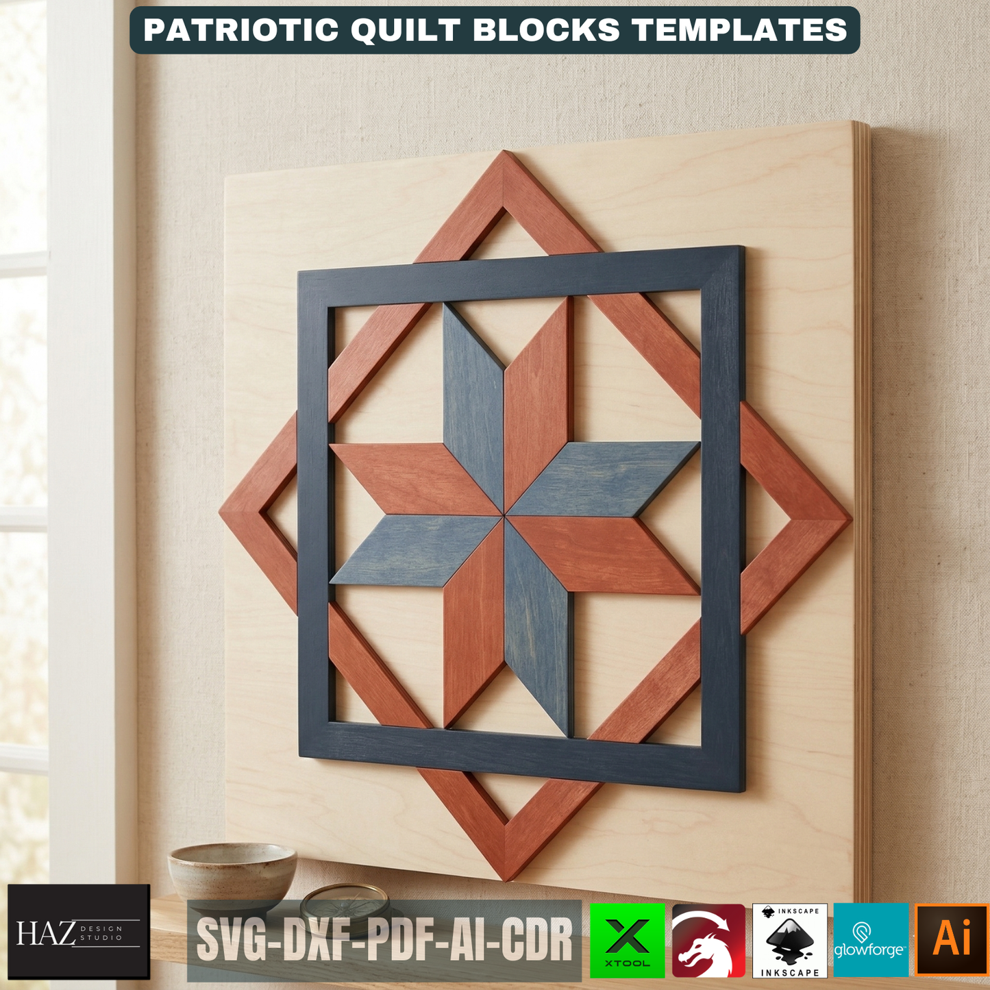 Patriotic Barn Quilt Block Patterns American Flag Wood Art Templates Fourth of July Wall Decor Independence Day 526