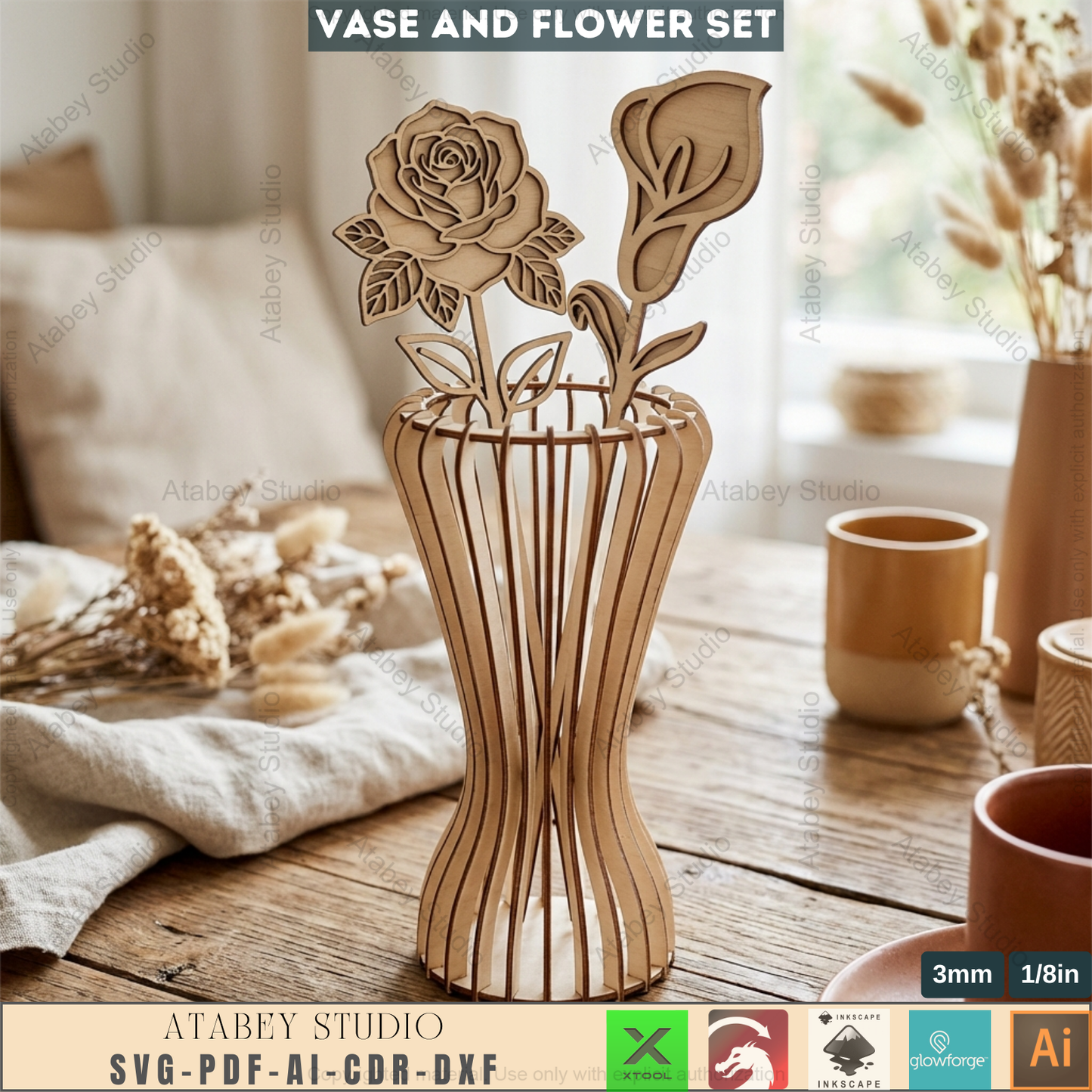 Laser Cut Wooden Vase with Flowers SVG Bundle - 5 Elegant Vases & 6 Wildflower Designs, 3D Layered Floral Table Decor 984