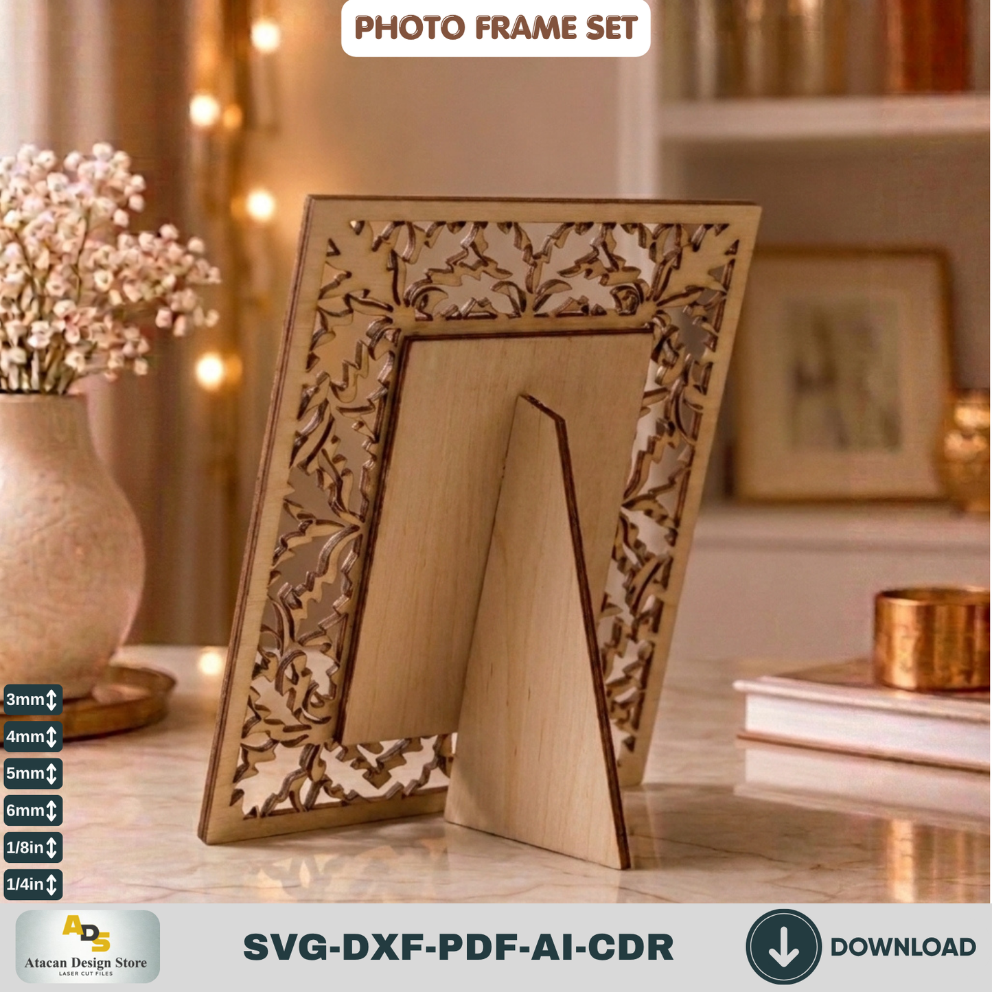 Laser Cut Photo Frame SVG Bundle – Floral Rustic Wood Home Decor Template