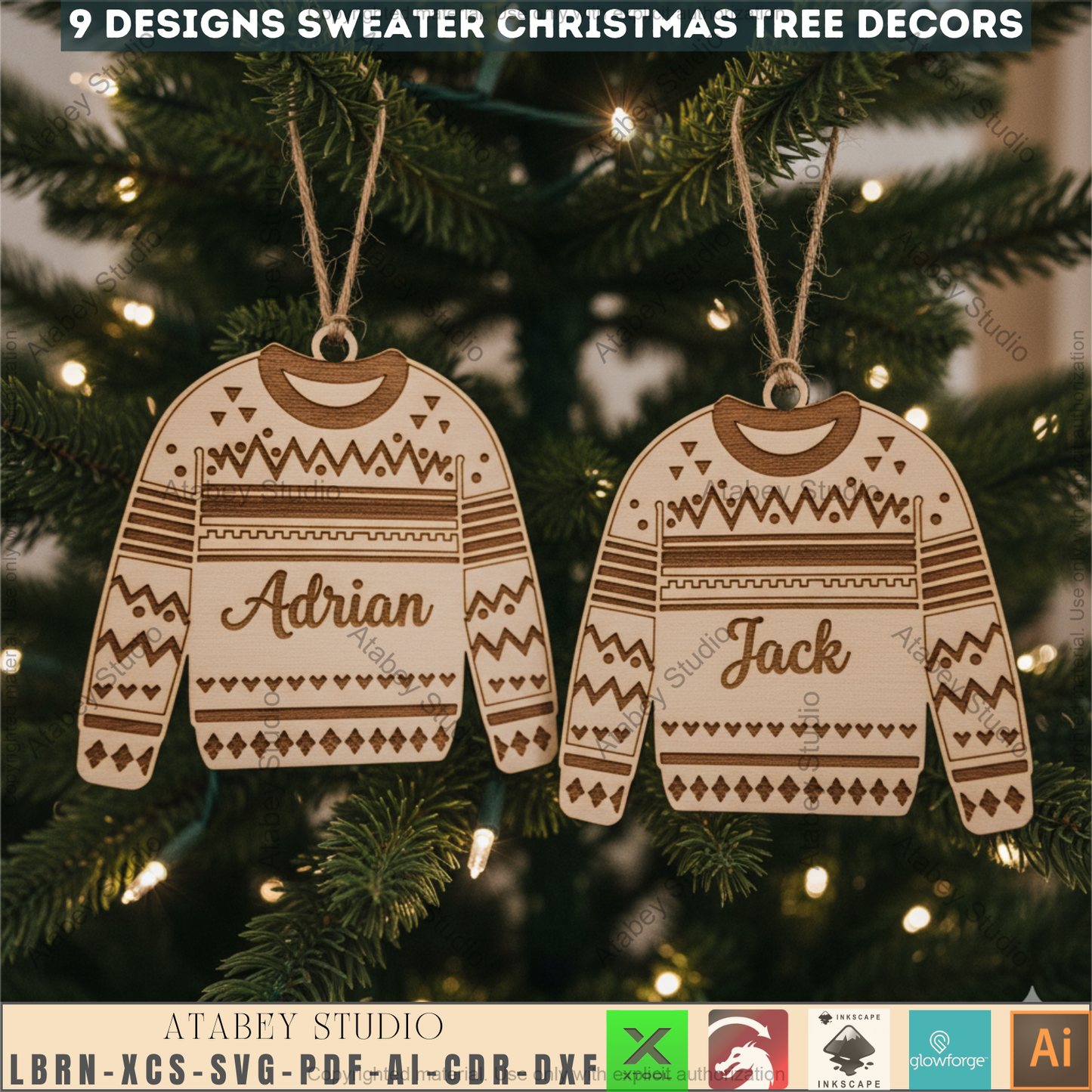 Personalized Ugly Sweater Christmas Ornament Bundle | Family Name Laser Cut Templates | DIY Xmas Decor 971