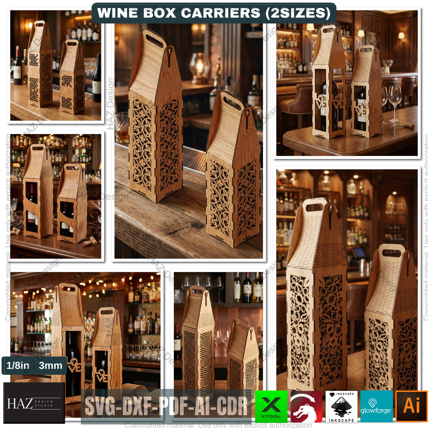 Laser Cut Wine Bottle Gift Box Carrier Bundle Wooden Wine Holder Laser Cut Pattern Gift Box 515