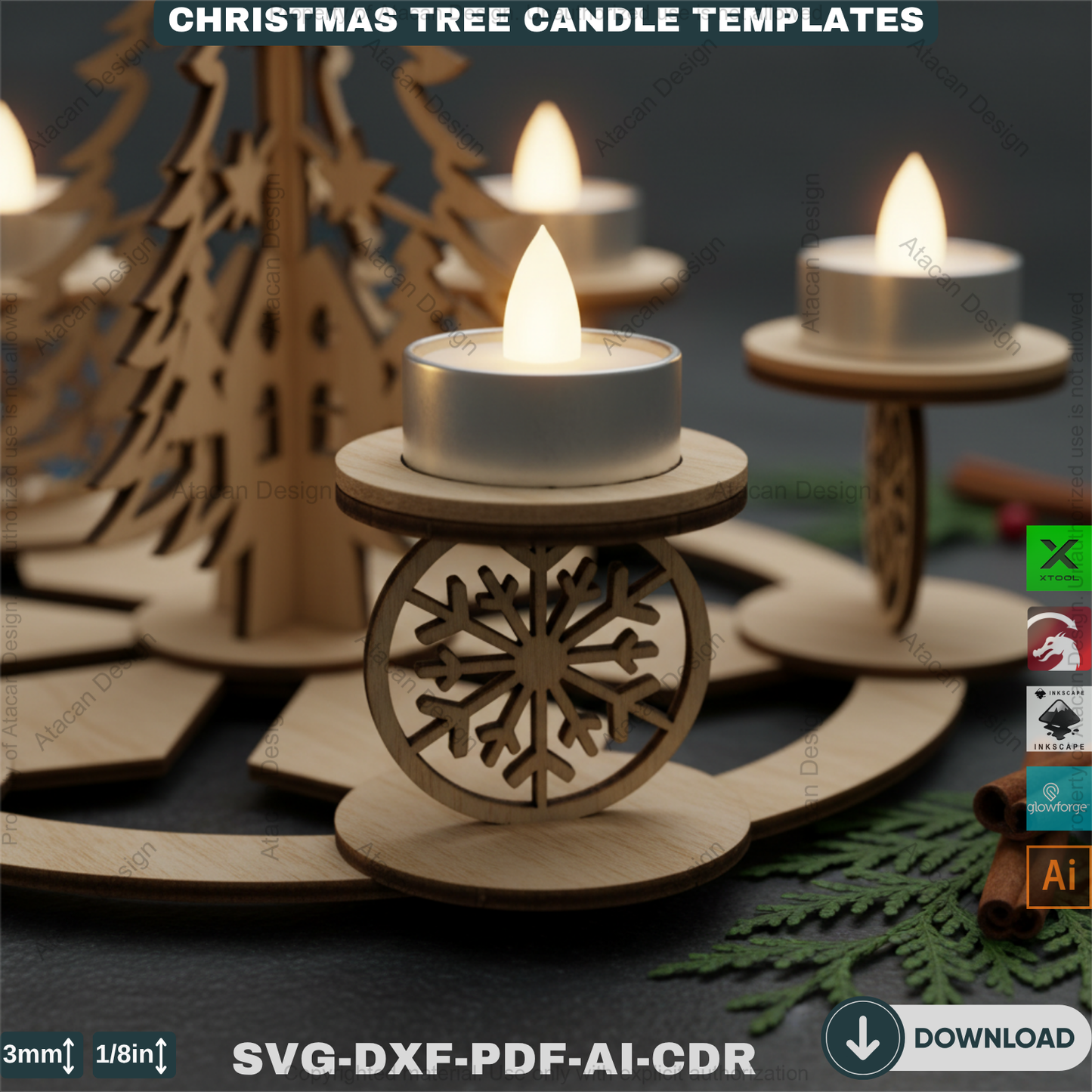 Festive Christmas Tree Tea Light Holder Laser Cut Digital Template, Holiday Advent Wreath Candle Stand, New Year Snowflake Tealight Decor 911