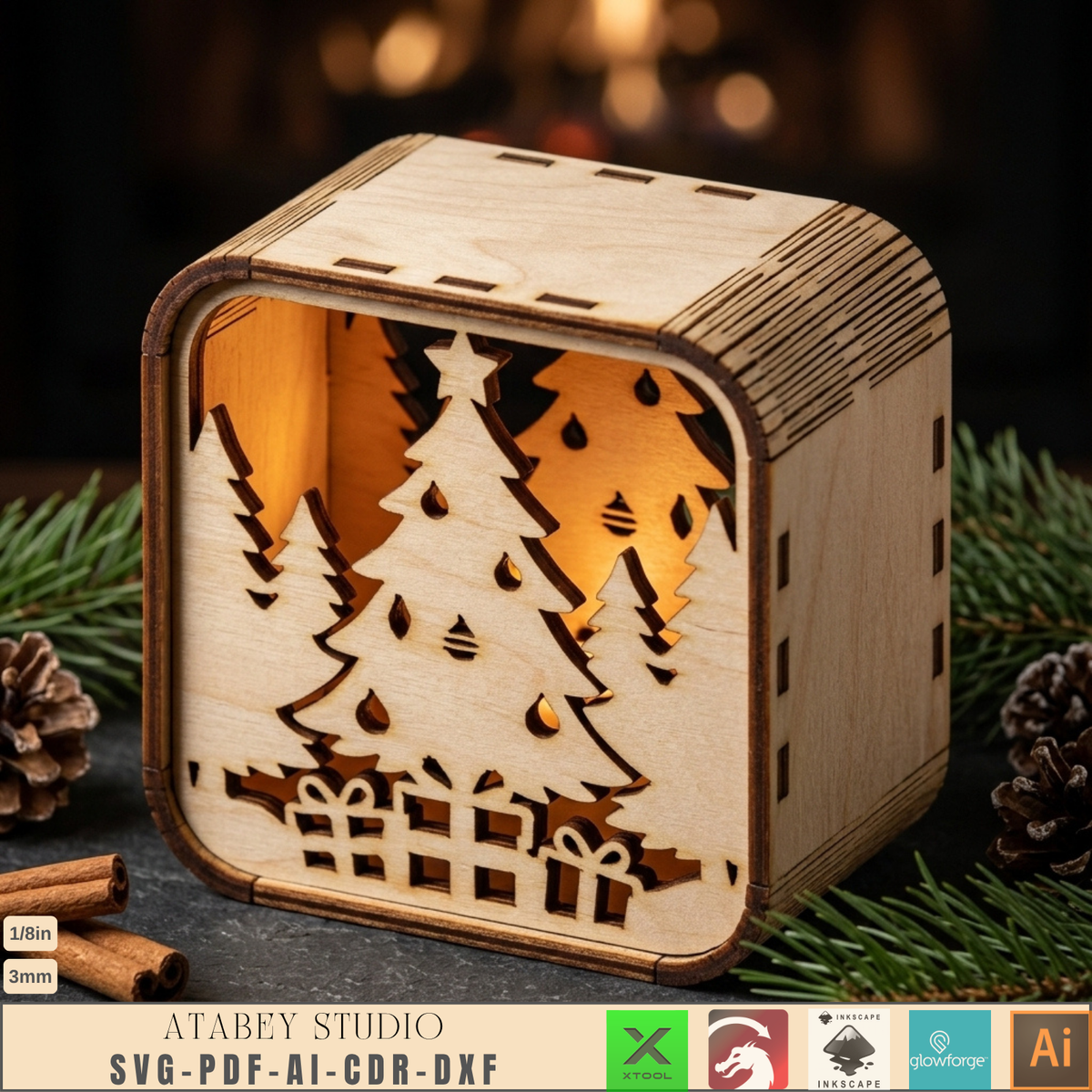 Wooden Christmas Shadow Box Lantern, Reindeer Santa Sleigh Candle Box Plans, Xmas Mantel Laser File