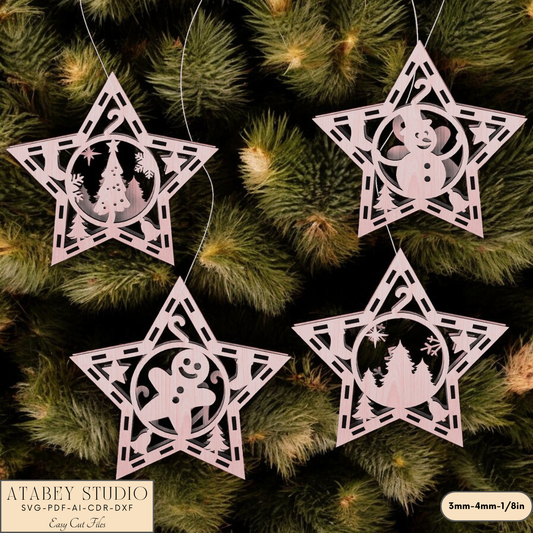 Star-Shaped Christmas Ornaments - Laser Cut Holiday Craft Files for Snowman & Gingerbread Décor 903