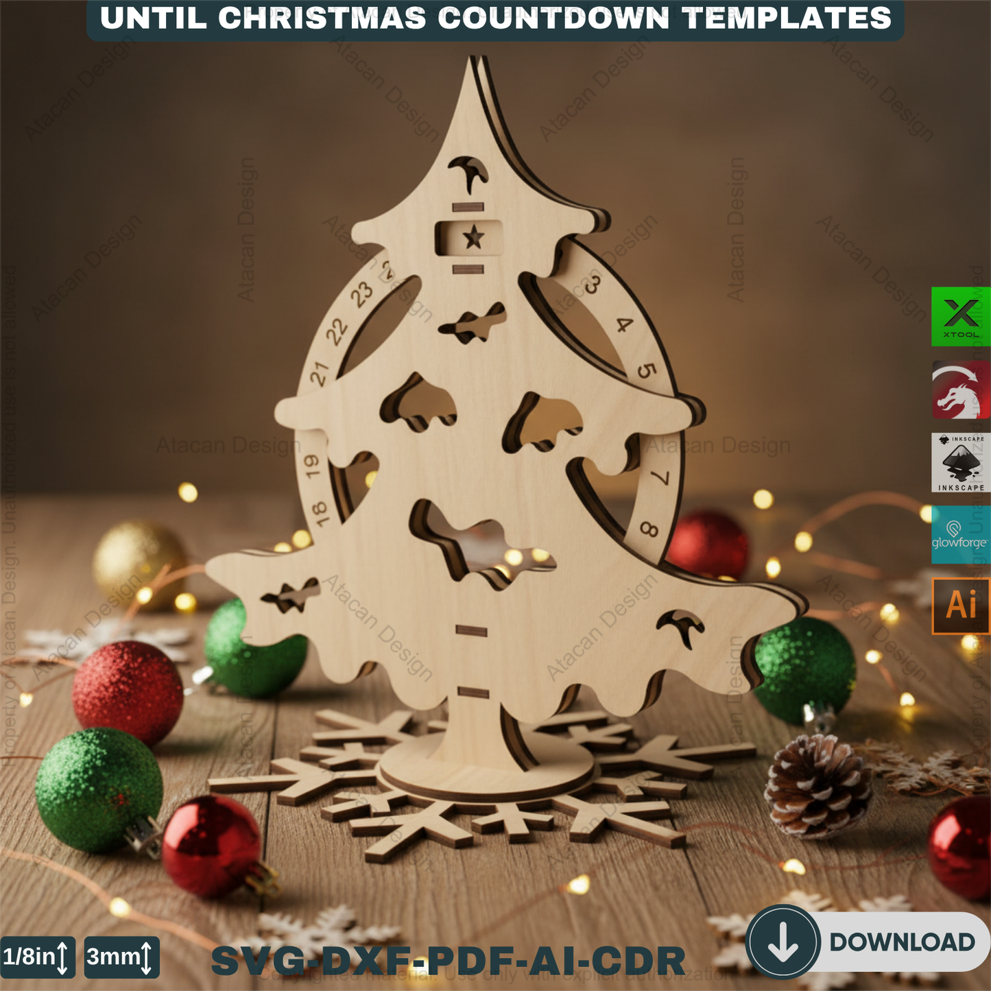 Christmas Tree Advent Calendar Laser Cut Template Bundle Wooden Countdown Stand Glowforge Xtool Files 915