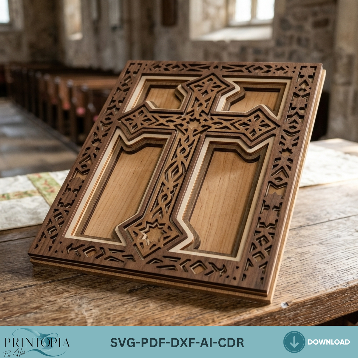 Christian Cross Laser Cut Template, Multi Layer Wooden Cross Design, Religious Home Decor